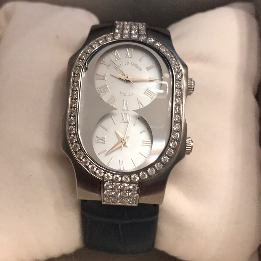 Philip Stein Teslar Dual Time Diamond Bezel Watch Navy Blue